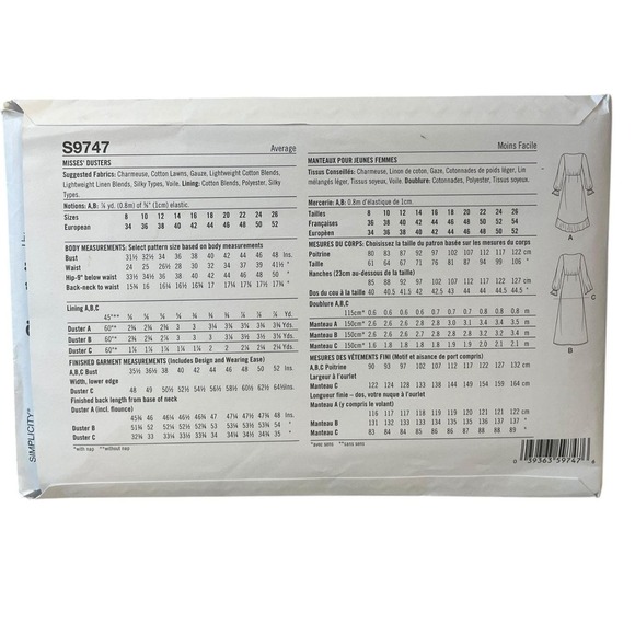 Simplicity S9747 Misses' Dusters Sewing Pattern Size 8-16 - Picture 2 of 2